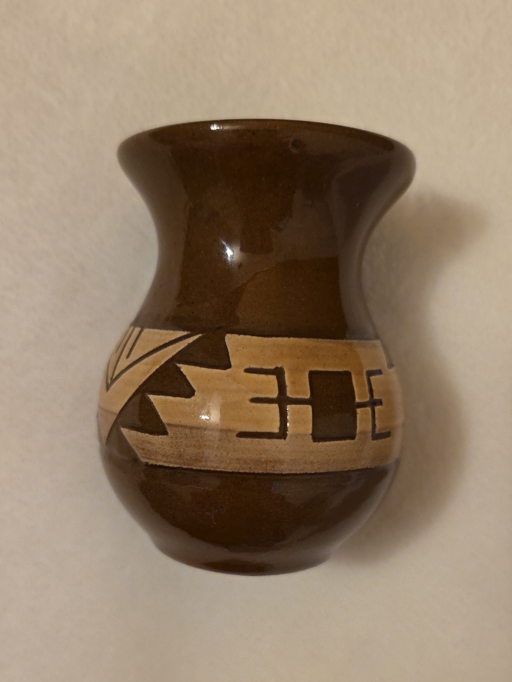 Lakota Sioux HandThrown Brown & Tan Pottery 3 In. Vase Signed M Blacktailed Deer